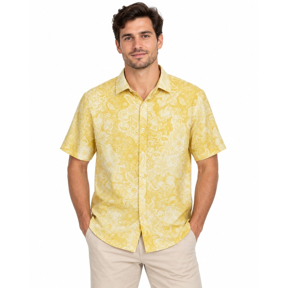 Vissla Men's Yellow Paisley Short Sleeve Button Up Shirt Surf Resort | Large